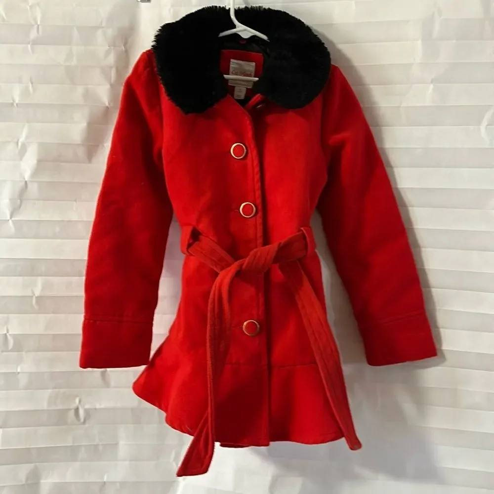 Cat & Jack Girls Red Winter Coat Size 5 Faux Fur Collar Hooded Jacket Warm
